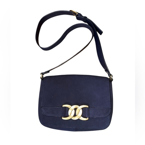 Boden Handbags - BODEN Rebecca Navy Blue Suede & Leather Crossbody Bag Gold‎ Brass Snaffle